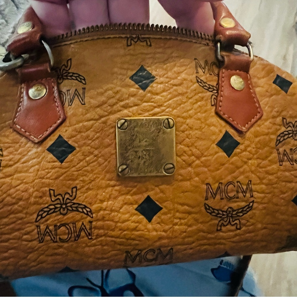 MCM Cognac Leather Satchel with Gold Accents